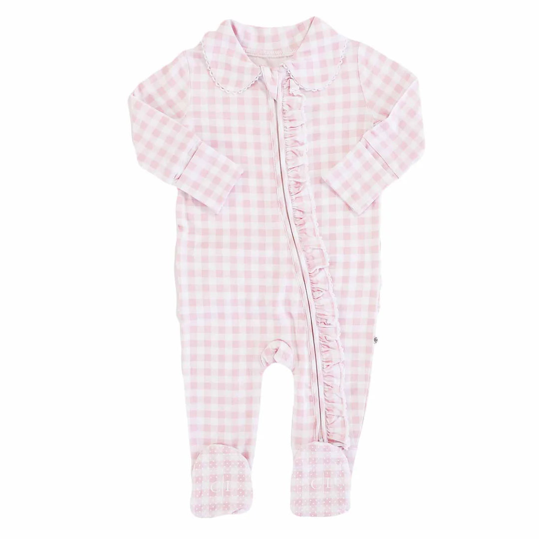 Caden Lane Rosy Gingham Peter Pan Collared Ruffle Footie