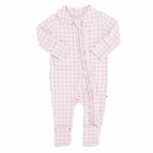 Caden Lane Rosy Gingham Peter Pan Collared Ruffle Footie