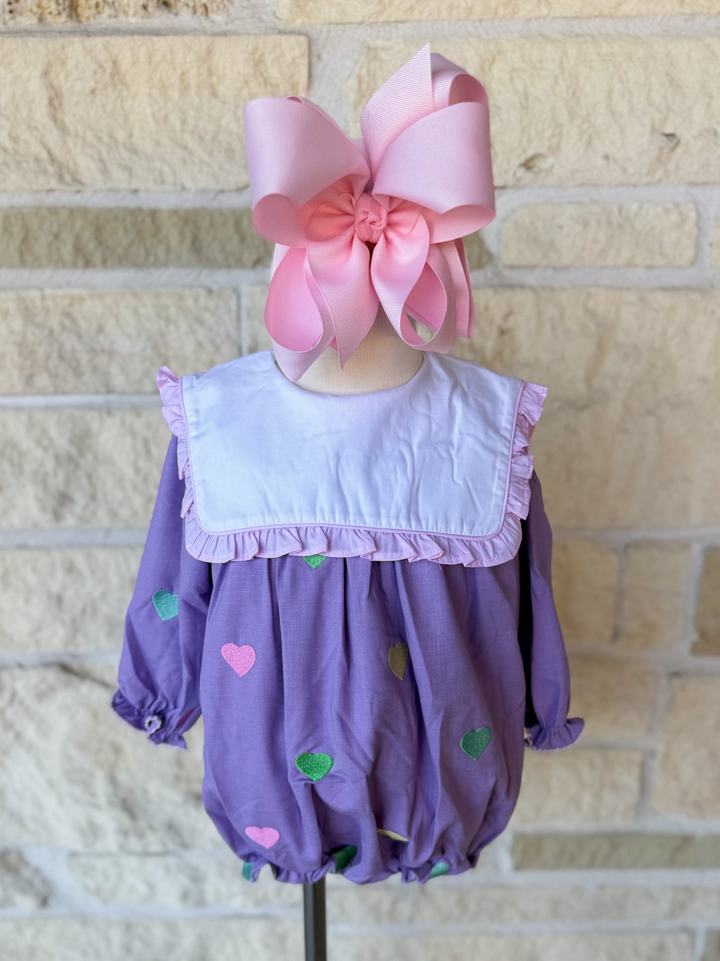 Smocked Flamingo Embroidered Hearts Lavender Linen Bubble