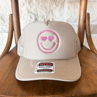 Tan + Pink Smiley Trucker Hat