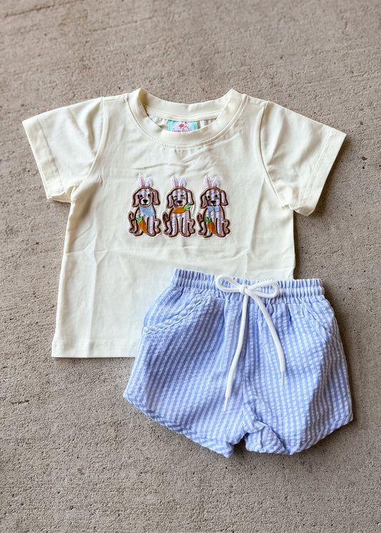 Smocked Flamingo Easter Puppy Seersucker Short Set