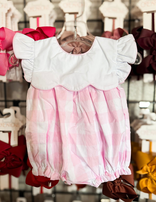 Smocked Flamingo Pink Buffalo Check Ruffle Bow Bubble
