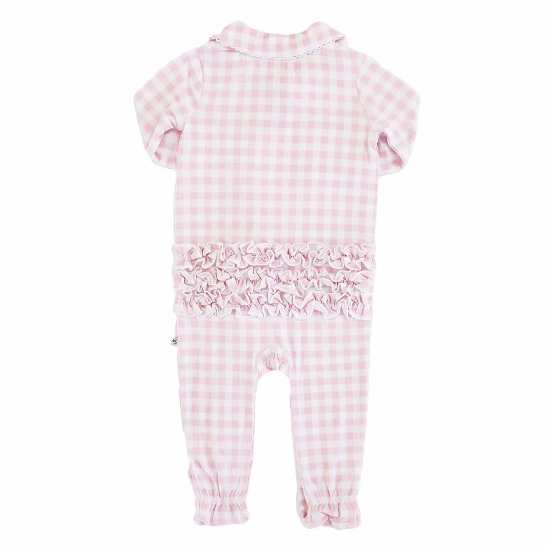 Caden Lane Rosy Gingham Peter Pan Collared Ruffle Footie