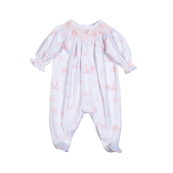 Baby Loren Pink Toile Pima Smocked Footie