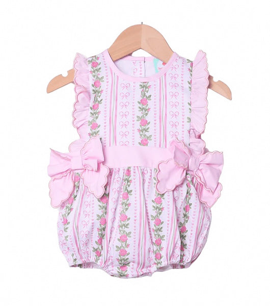 Smocked Flamingo Fancy Floral Ruffle Bow Bubble