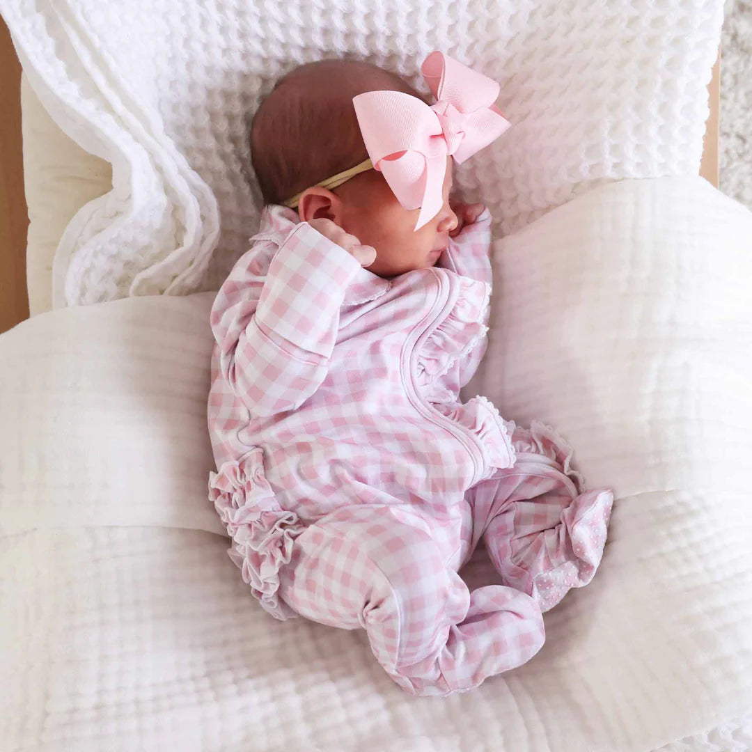 Caden Lane Rosy Gingham Peter Pan Collared Ruffle Footie