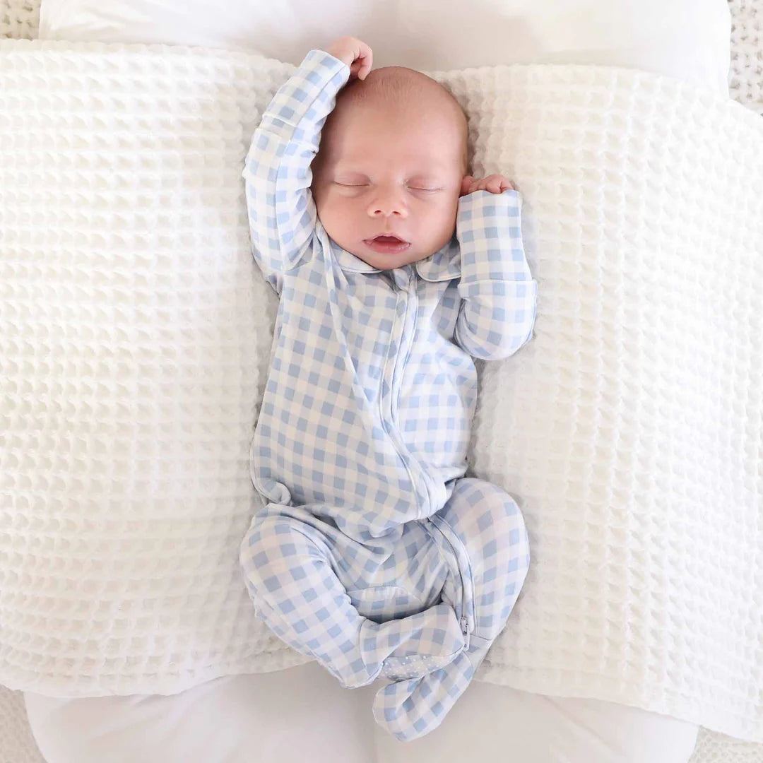 Caden Lane Dusty Blue Gingham Peter Pan Collared Footie