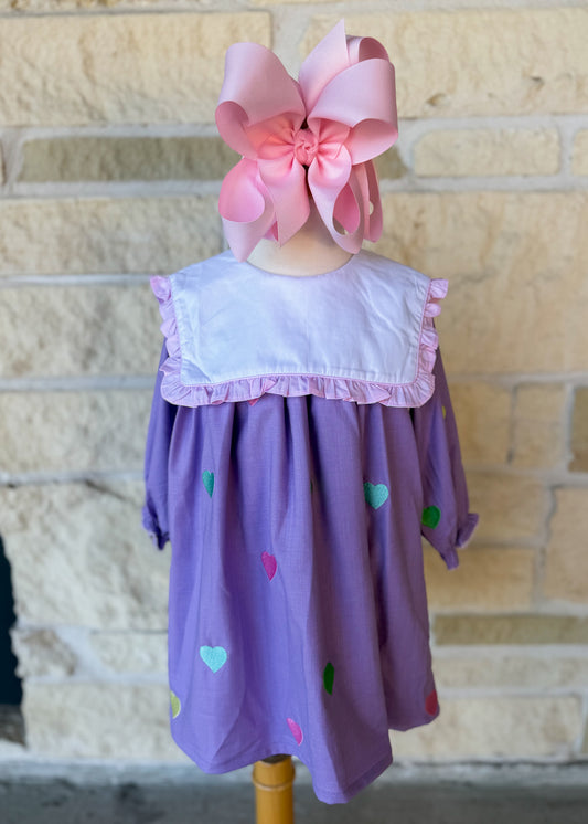 Smocked Flamingo Embroidered Hearts Lavender Linen Dress