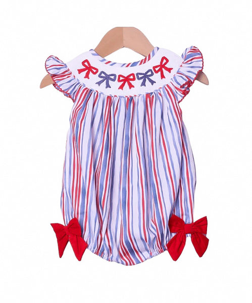 Smocked Flamingo Smocked Red, White & Blue Bishop Bow Bubble