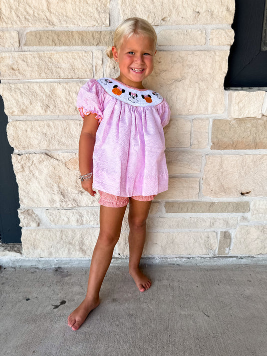 Smocked Flamingo Pumpkin Mouse Bloomer Set