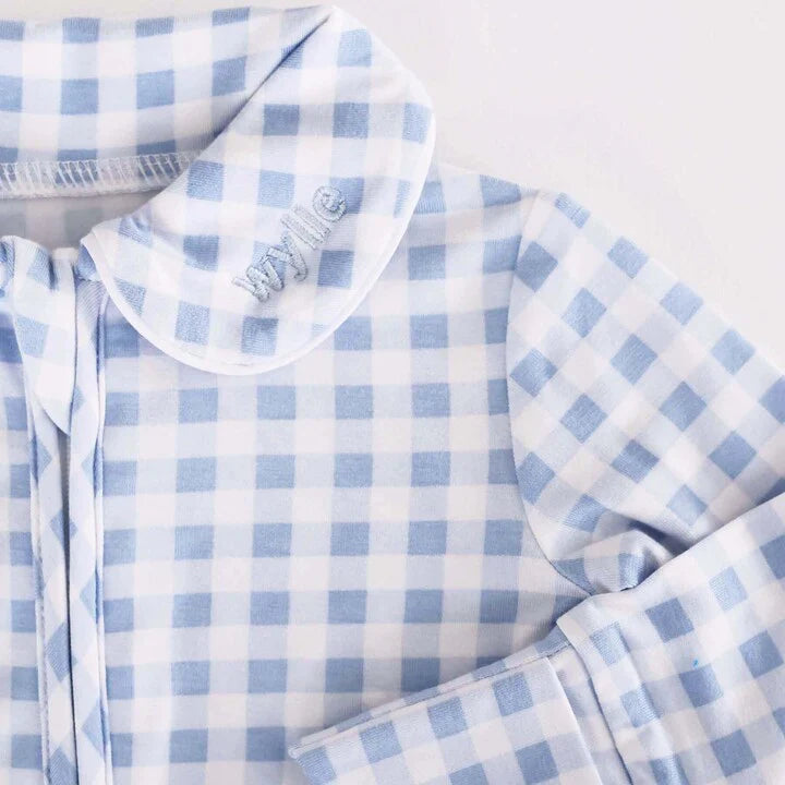 Caden Lane Dusty Blue Gingham Peter Pan Collared Footie
