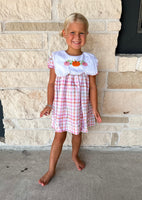 Smocked Flamingo Hand Embroidered Plaid Pumpkin Dress