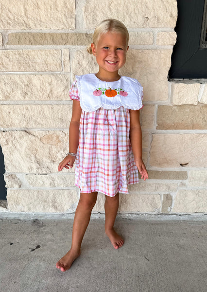 Smocked Flamingo Hand Embroidered Plaid Pumpkin Dress