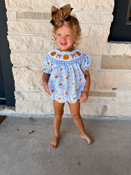 Smocked Flamingo Floral Pumpkin Scalloped Bloomer Set