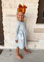 Swoon Baby Blue Pumpkin Embroidered Pocket Dress