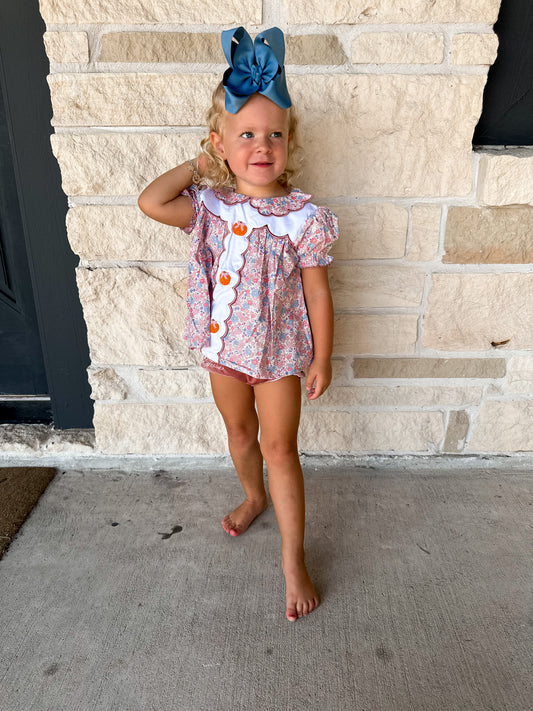 Smocked Flamingo Hand Embroidered  Floral Bow Pumpkin Velvet Bloomer Set
