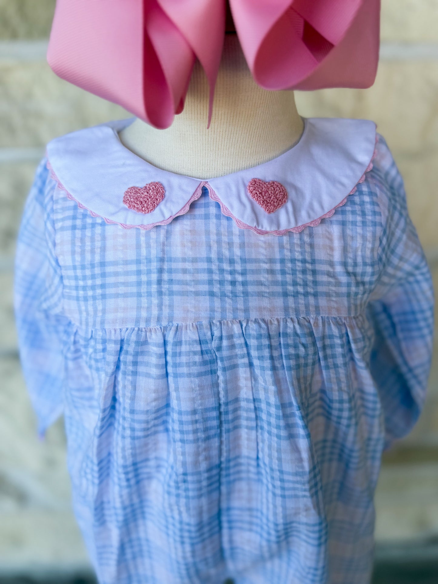Smocked Flamingo French Knot Heart Seersucker Romper