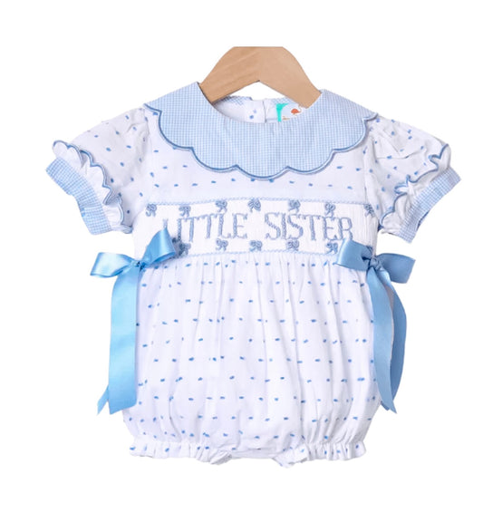 Smocked Flamingo Blue Little Sister Swiss Dot Bow Bubble