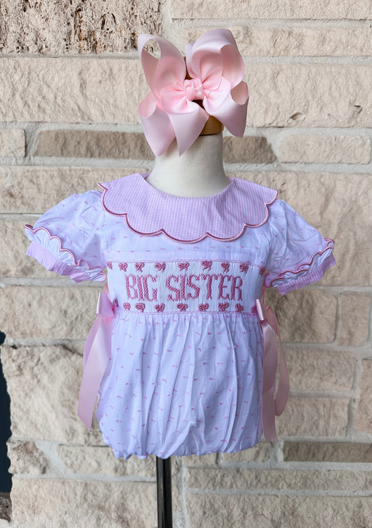Smocked Flamingo Pink Big Sister Swiss Dot Bow Bubble