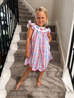Smocked Flamingo Smocked Bow Red, White & Blue Bishop Dress
