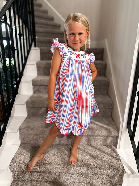 Smocked Flamingo Smocked Bow Red, White & Blue Bishop Dress