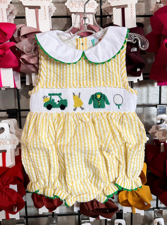 Smocked Flamingo Yellow Seersucker Golf Bubble