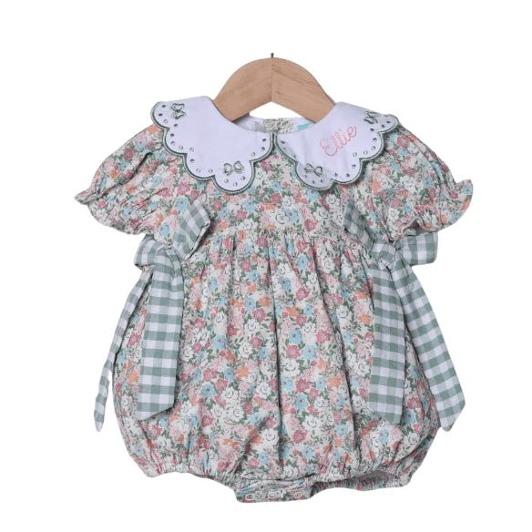 Smocked Flamingo Embroidered Green Floral Bubble