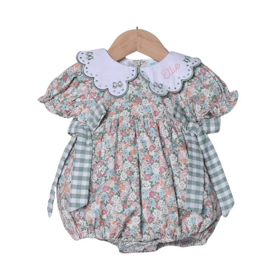 Smocked Flamingo Embroidered Green Floral Bubble