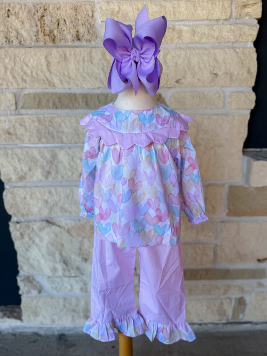 Smocked Flamingo Colorful Heart Scalloped Pant Set