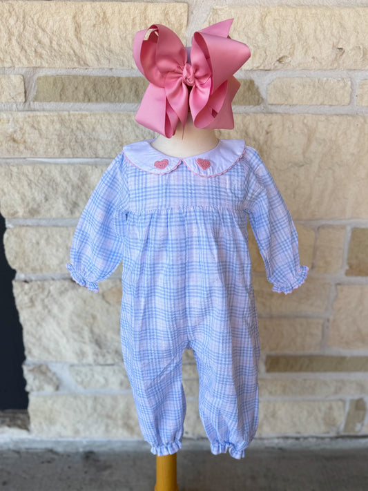 Smocked Flamingo French Knot Heart Seersucker Romper