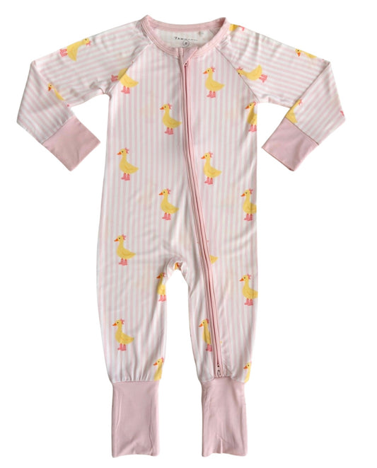 IMJ Pink Stripe Ducks Zipper Romper