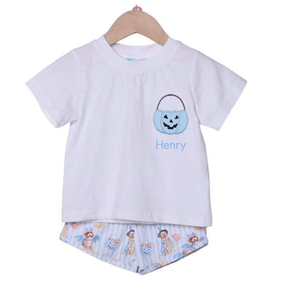 Smocked Flamingo Trick or Treat Blue Puppy Short Set