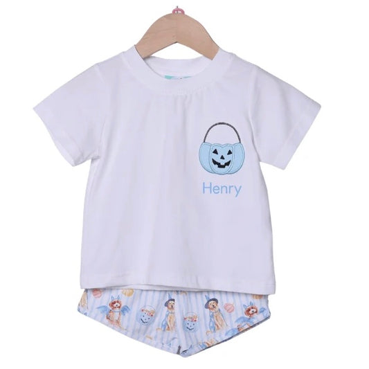 Smocked Flamingo Trick or Treat Blue Puppy Short Set