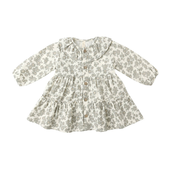 Quincy Mae Green Floral Ruffle Collar Button Dress