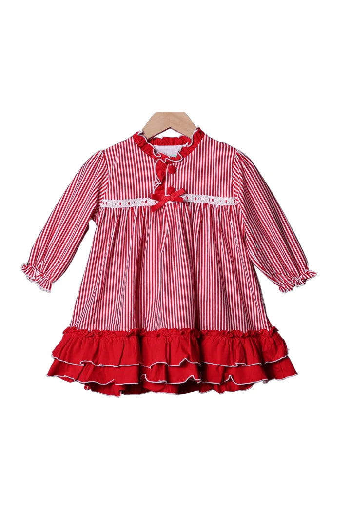 Smocked Flamingo Red Stripe Ruffle Gown