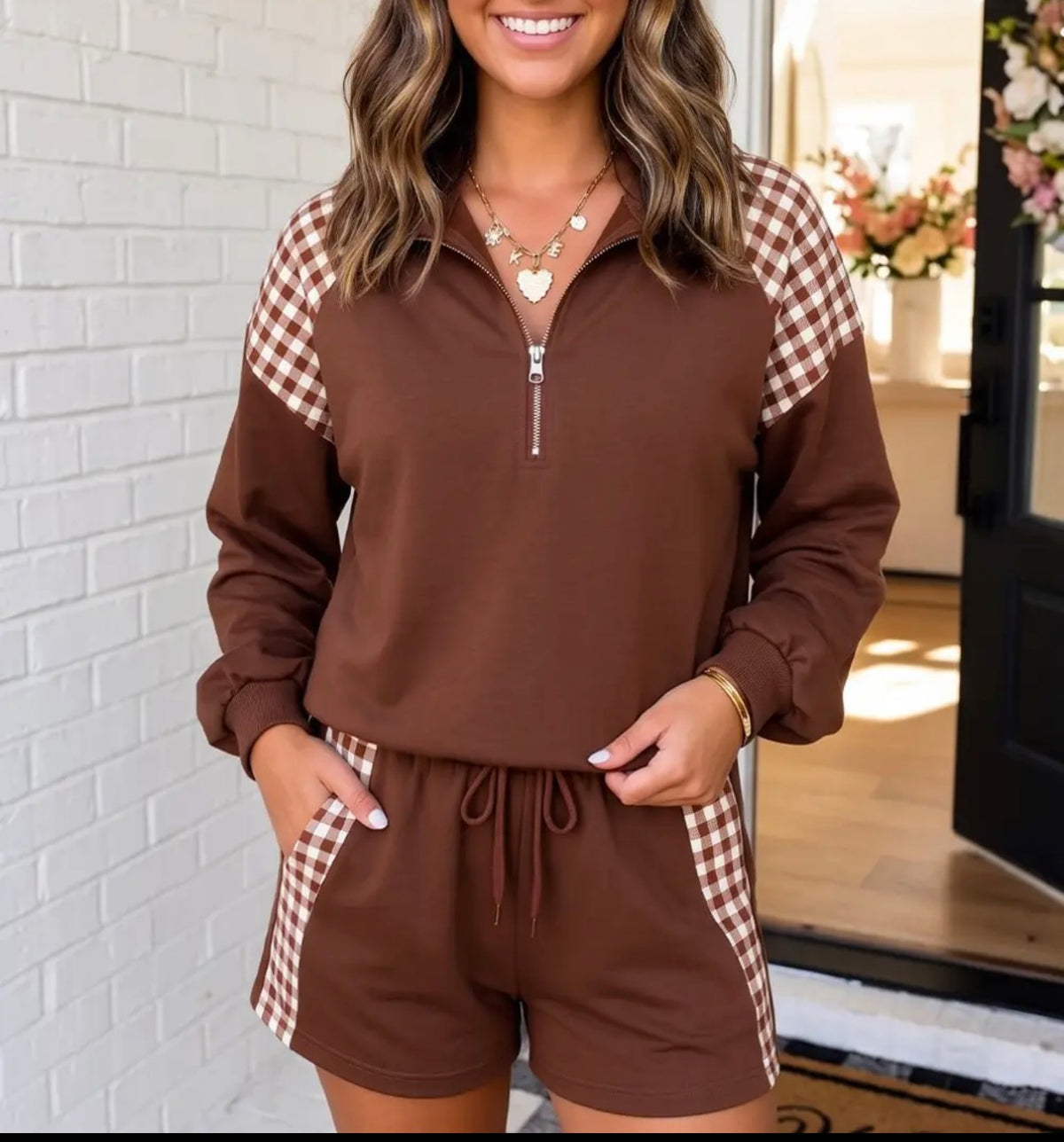 Brown Gingham Short Set